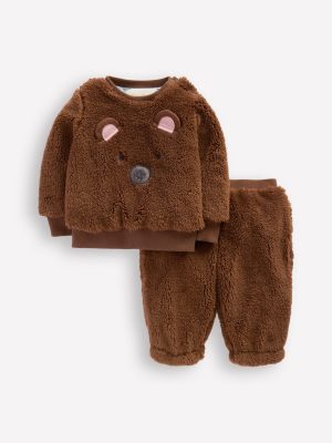 Novelty Borg Sweatshirt Set-Brown Bear