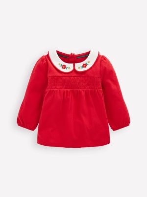 Embroidered Collar Jersey Top-Rockabilly Red