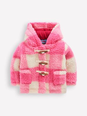 Girls Borg Duffle Coat-Pink Check