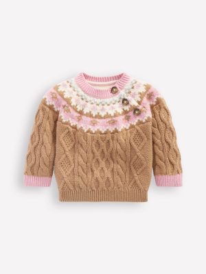Girls Fair Isle Cable Jumper-Camel Melange Fair Isle