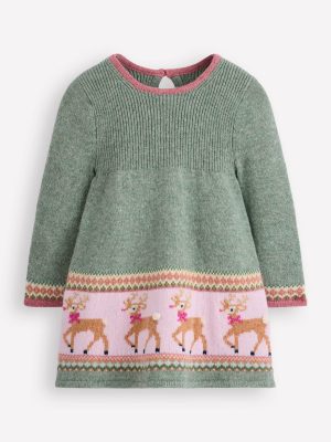 Fair Isle Knitted Dress-Eucalyptus Reindeer Fair Isle