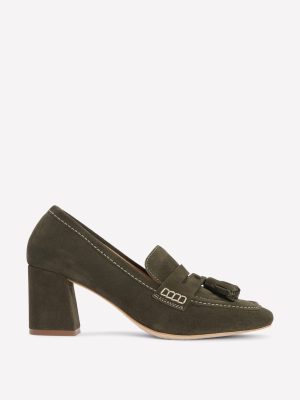 Sol Block Heeled Penny Loafers-Dark Moss