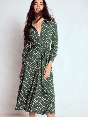 Marcia Jersey Shirt Dress-Hunter Green. Painted Dot