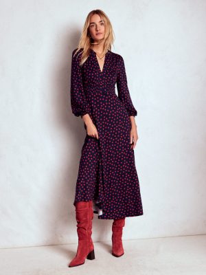 Ivy Smocked Midi Dress-French Navy. Painted Dot