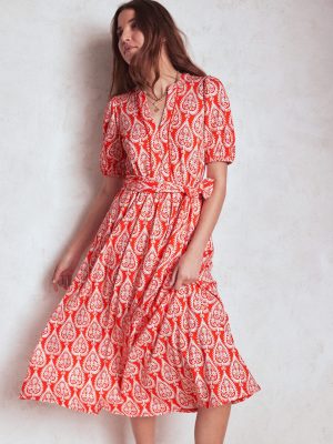 Sofia Trim Jersey Midi Dress-Firecracker Red. Ornate Geo