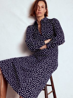 Pip Zip-Up Ponte Midi Dress-French Navy. Painted Dot