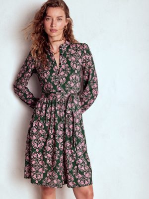 Willow Ruffle Neck Shirt Dress-Green. Ornamental Lattice
