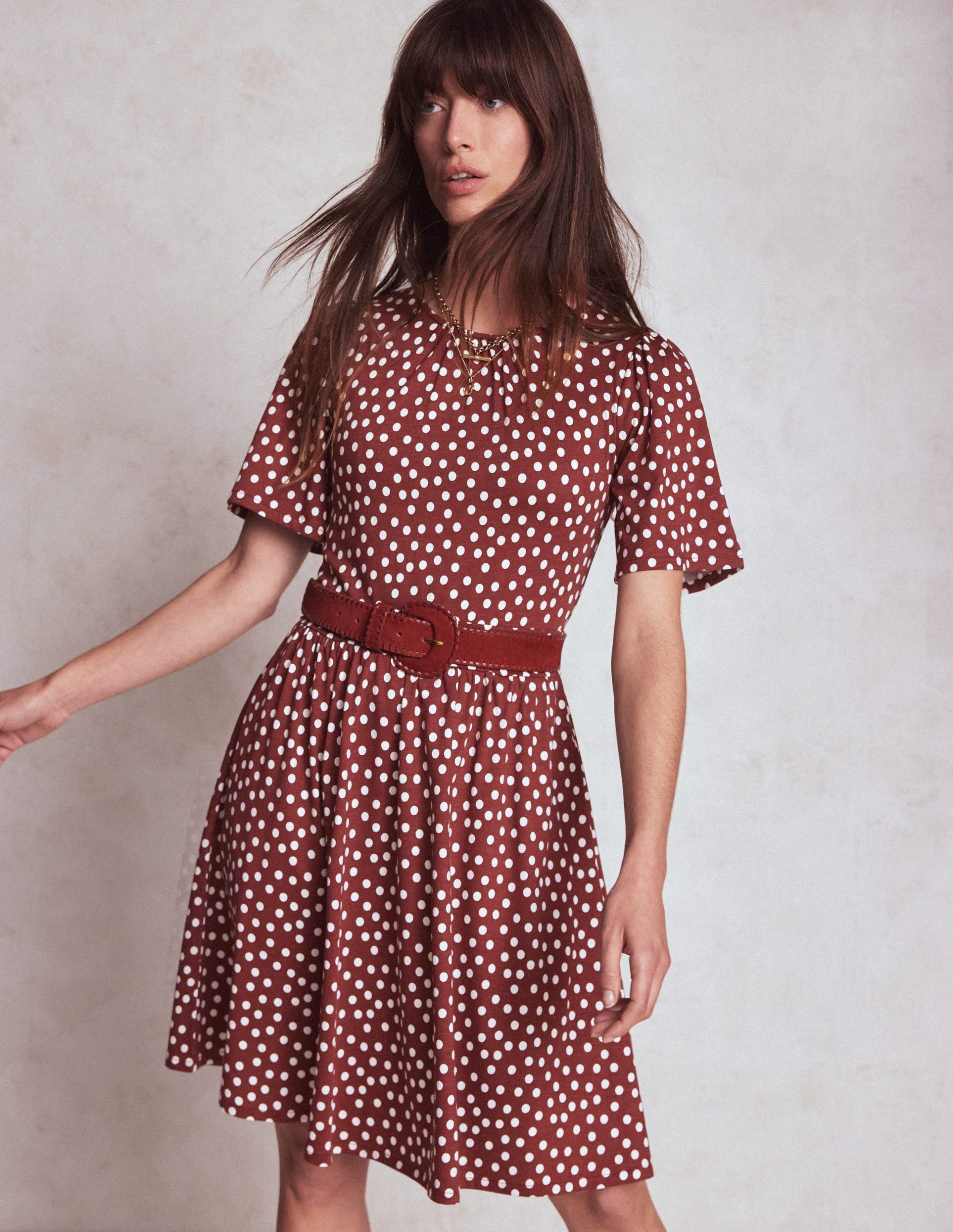 Louisa Short Jersey Dress-Chestnut. Painted Dot