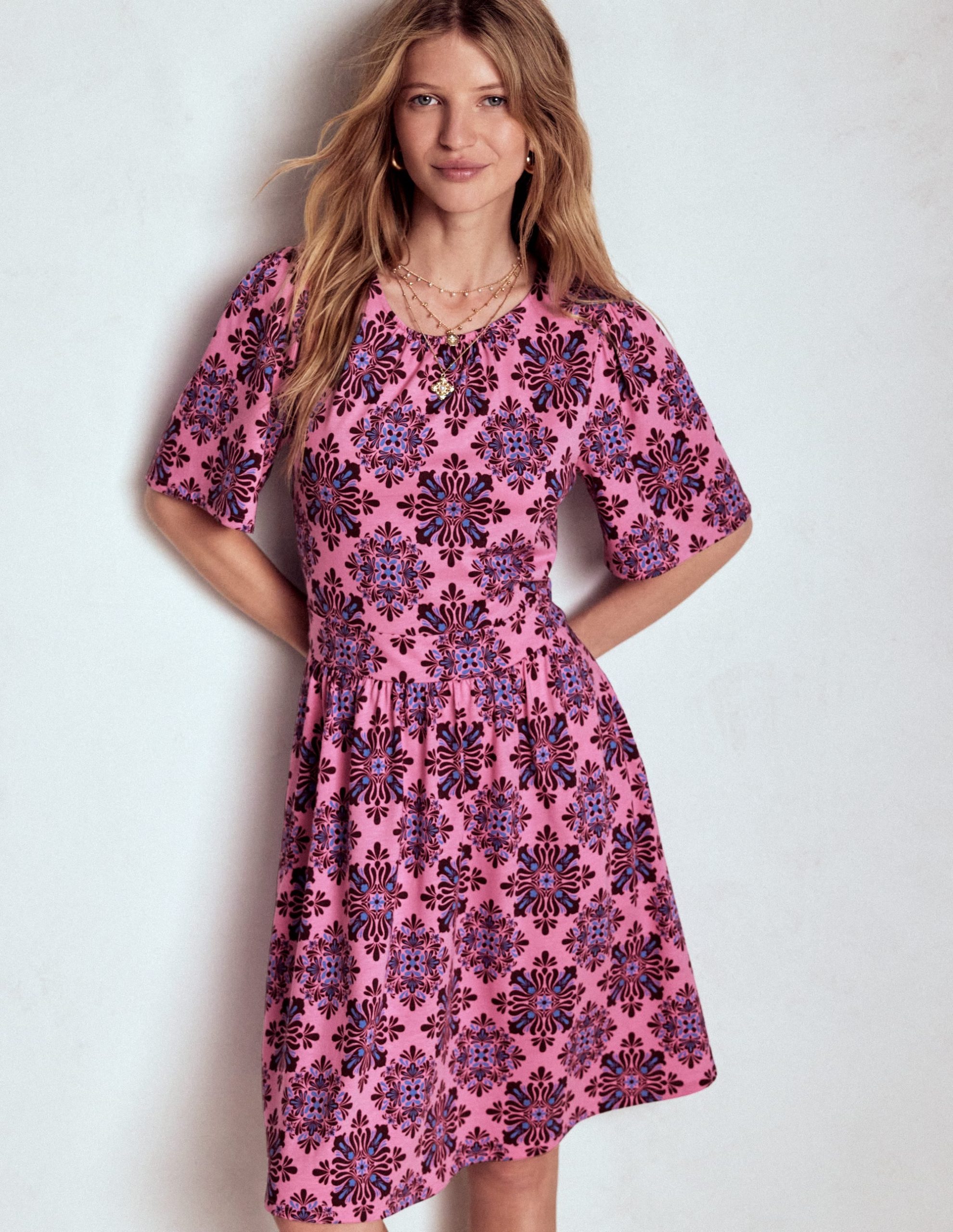 Louisa Short Jersey Dress-Pink Lemonade. Bloom Mosaic - Image 2
