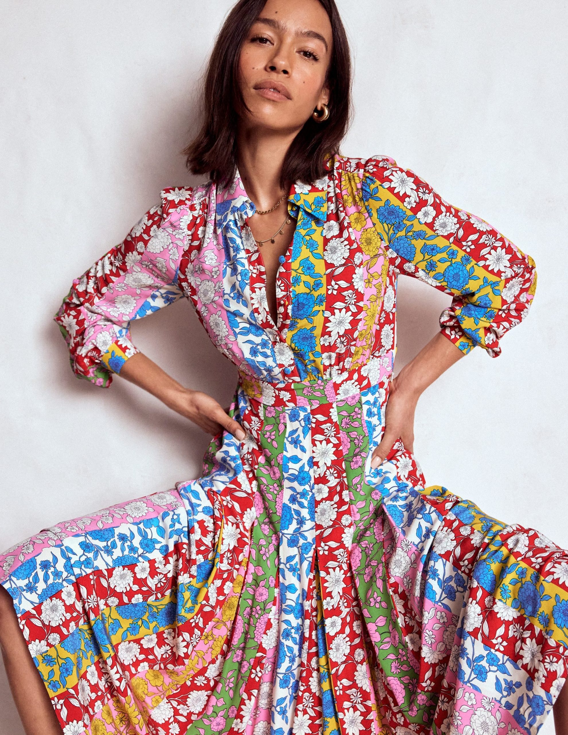 Pleat Skirt Shirt Dress-Multi. Dahlia Trail Stripe