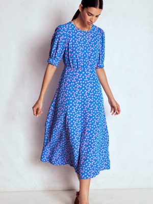Blanca Midi Tea Dress-Kingfisher Blue. Heart Cascade