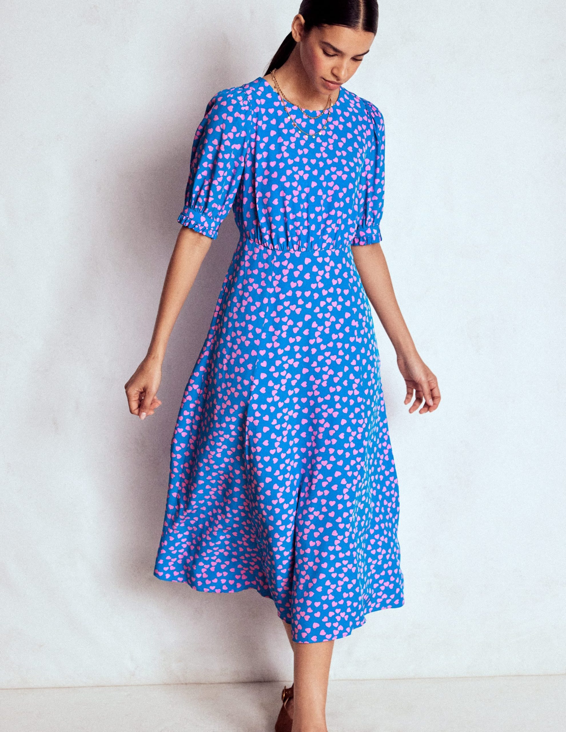 Blanca Midi Tea Dress-Kingfisher Blue. Heart Cascade