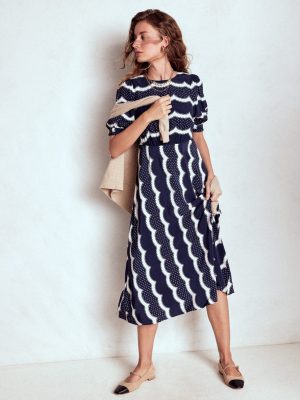 Blanca Midi Tea Dress-French Navy. Dainty Scallop
