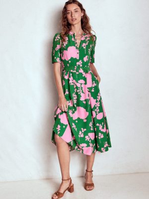 Kate Puff Sleeve Belted Dress-Highland Green. Dainty Sprigs