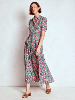 Alegra Midi Shirt Dress-Pink Ribbon. Floweret Vine