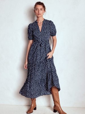 Christabel Cotton Midi Dress-French Navy. Painted Dot