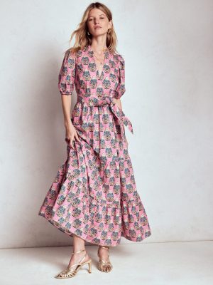 Christabel Cotton Midi Dress-Pink. Wildflower Bouquet
