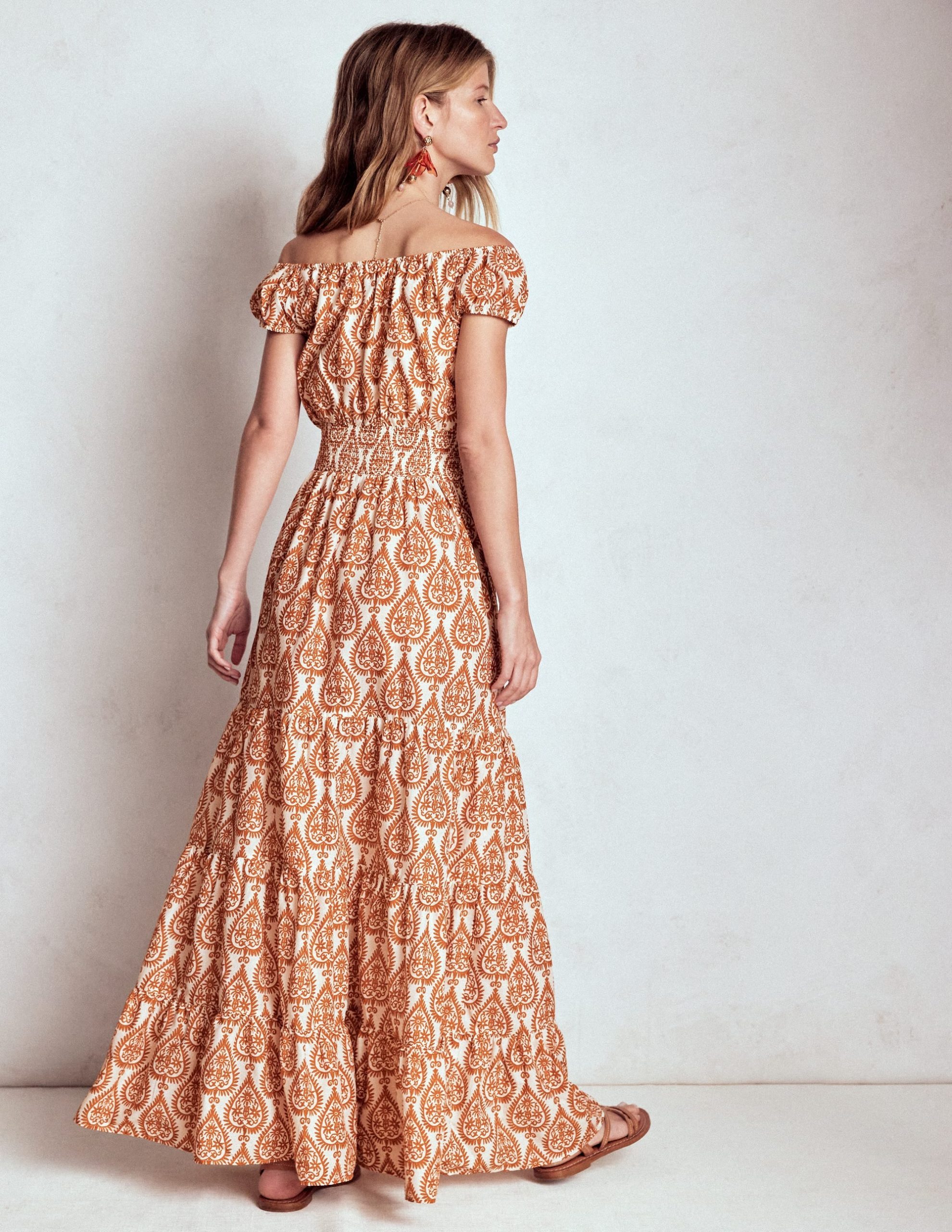 Scoop Cotton Tiered Dress-Cognac. Ornate Geo - Image 3