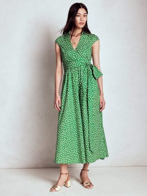Julia Cotton Wrap Midi Dress-Highland Green. Painted Dot