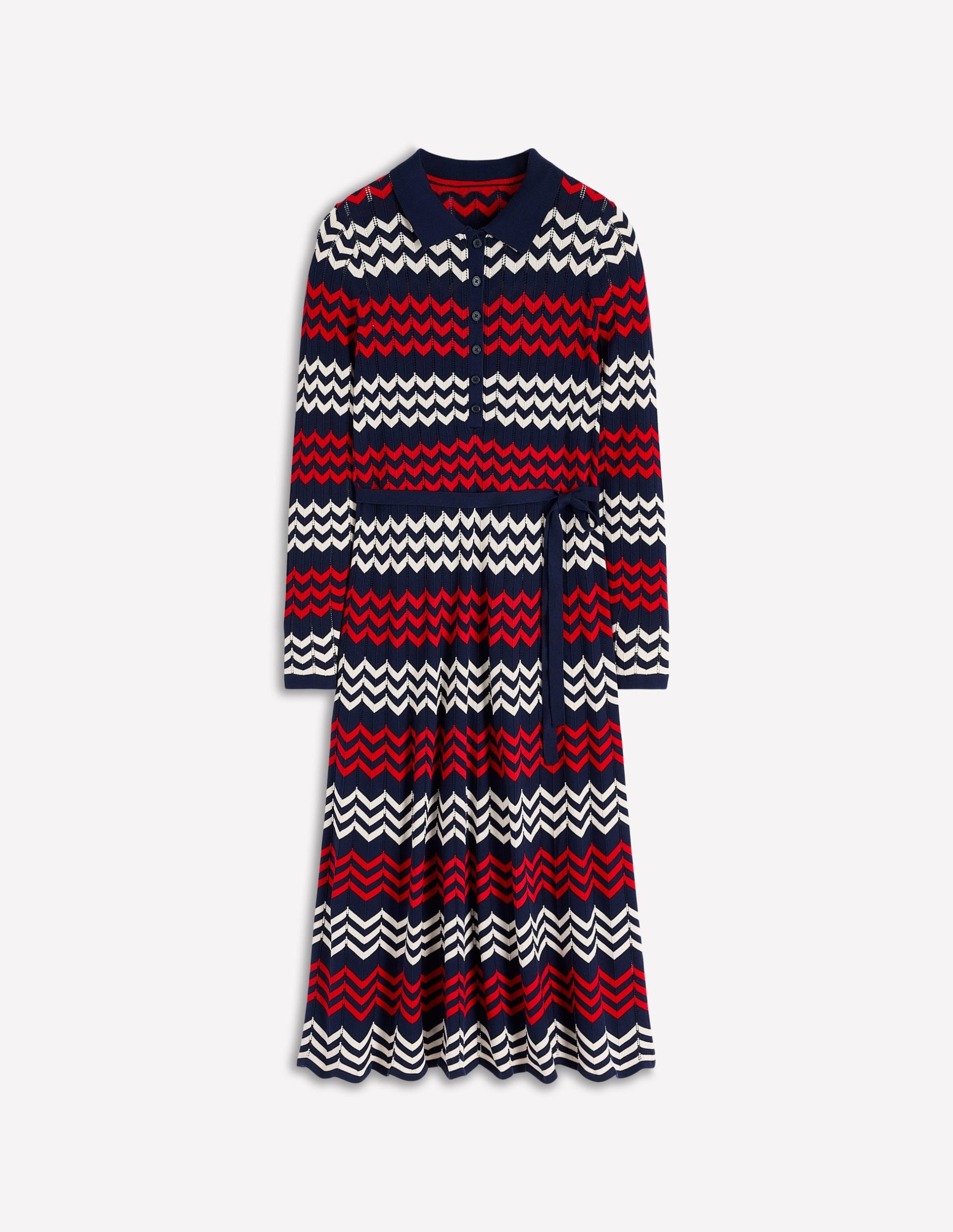 Chevron Stitch Midi Dress-Navy. Red and Ivory Chevron - Image 6
