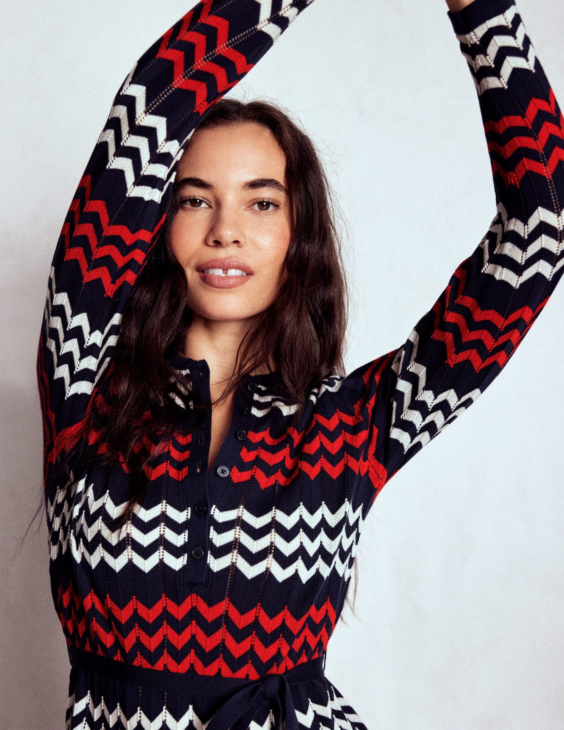 Chevron Stitch Midi Dress-Navy. Red and Ivory Chevron