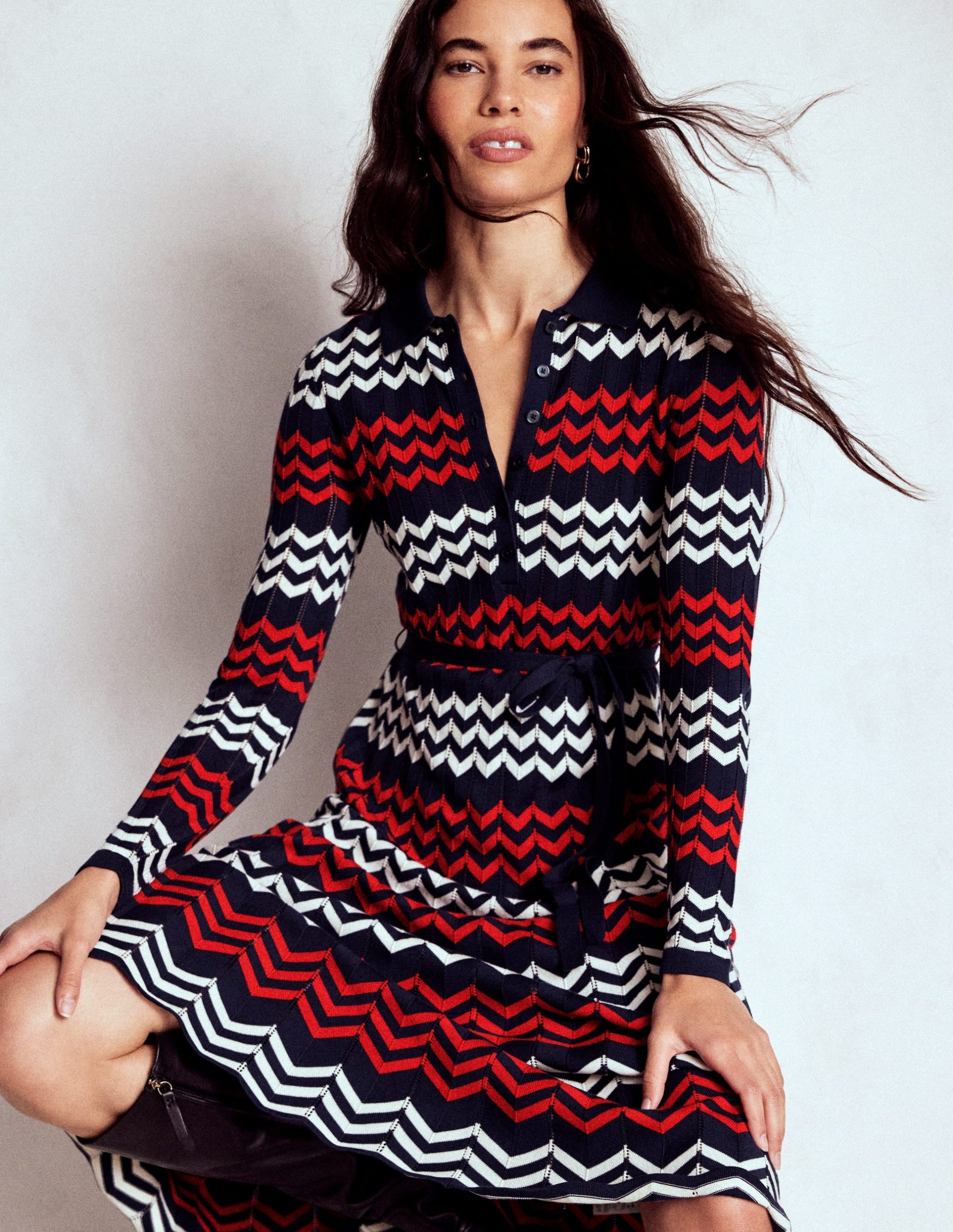Chevron Stitch Midi Dress-Navy. Red and Ivory Chevron - Image 3