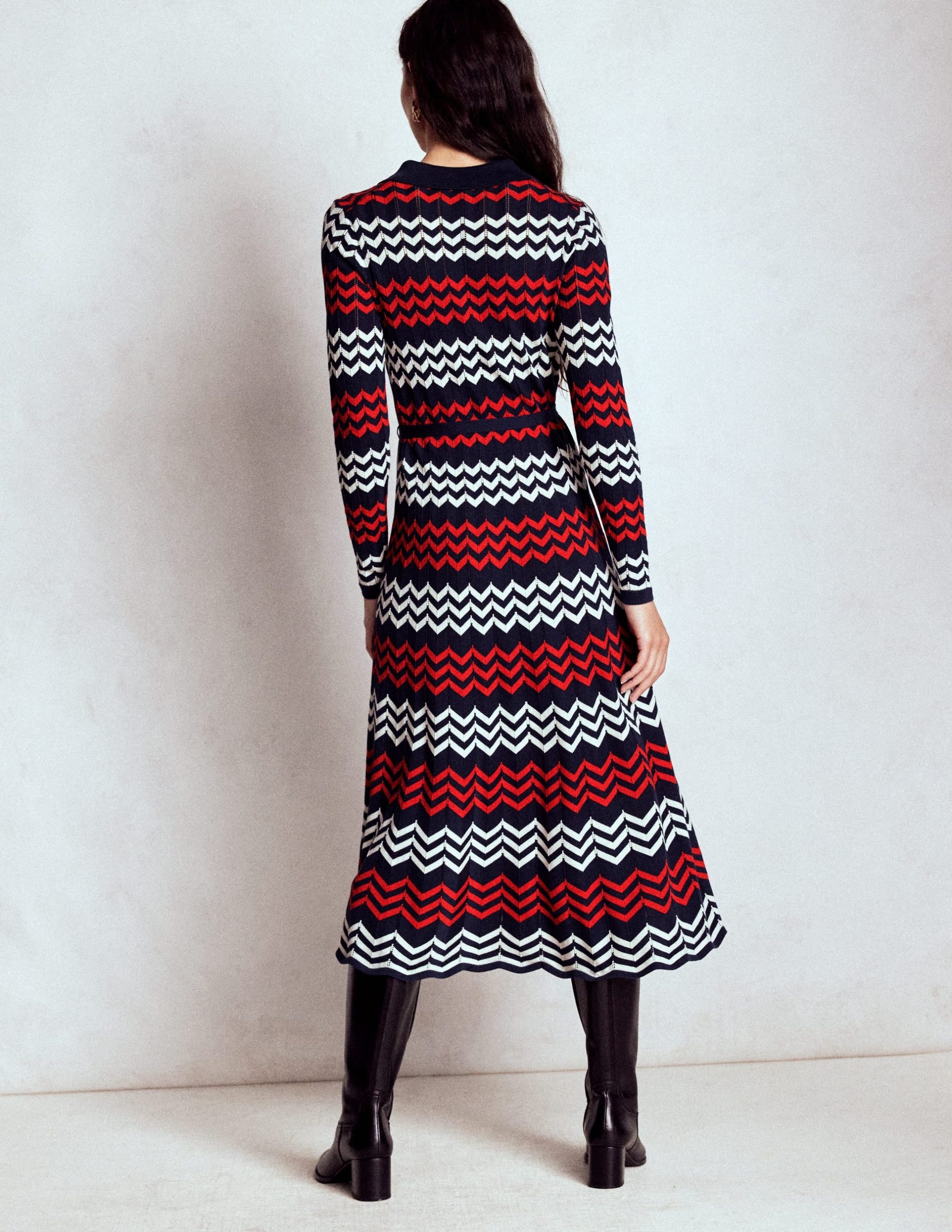 Chevron Stitch Midi Dress-Navy. Red and Ivory Chevron - Image 5