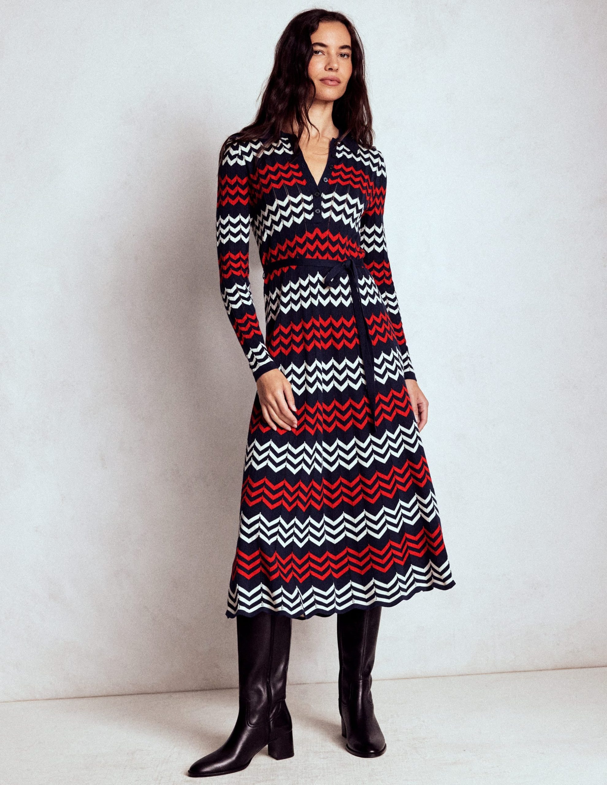 Chevron Stitch Midi Dress-Navy. Red and Ivory Chevron - Image 4