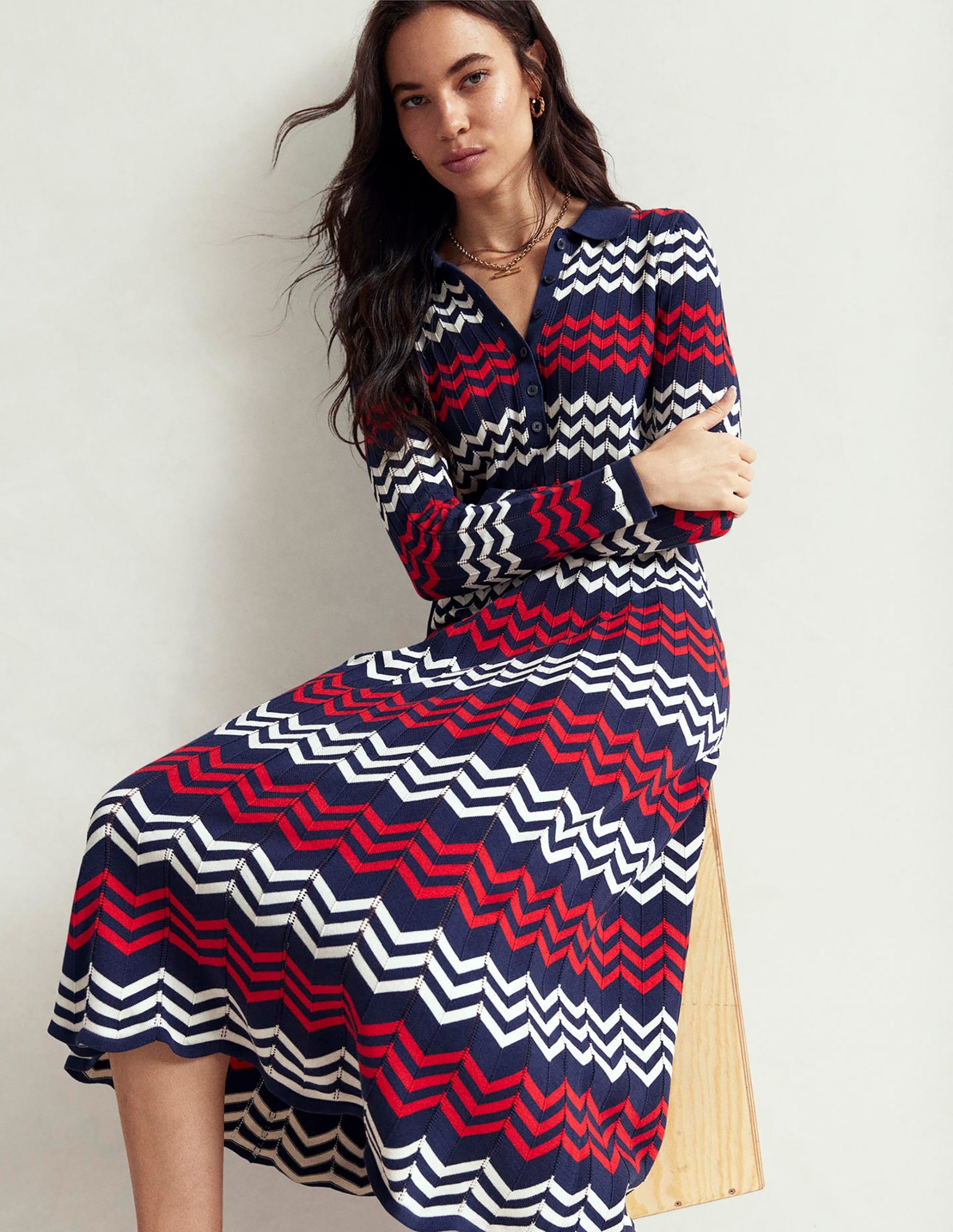 Chevron Stitch Midi Dress-Navy. Red and Ivory Chevron - Image 2