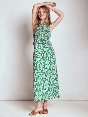 Carolina Smocked Midi Dress-Rich Emerald. Ornate Vine