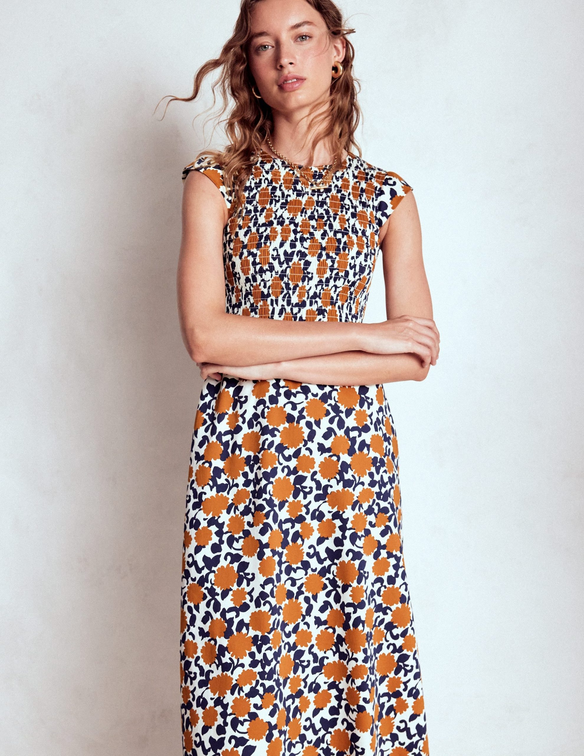 Carolina Smocked Midi Dress-Cognanc. Floweret Vine