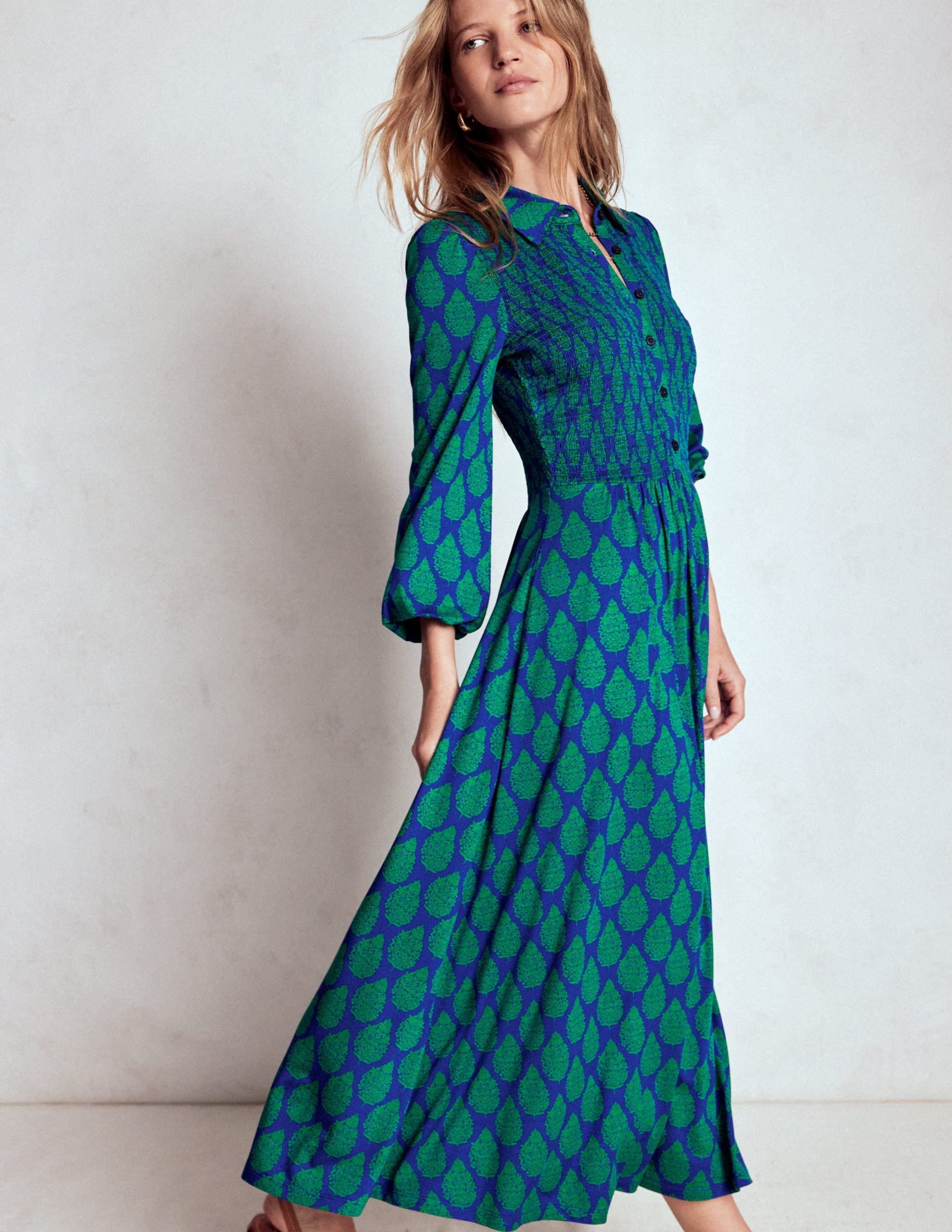 Smocked Jersey Shirt Dress-Blue. Wildflower Bouquet - Image 5