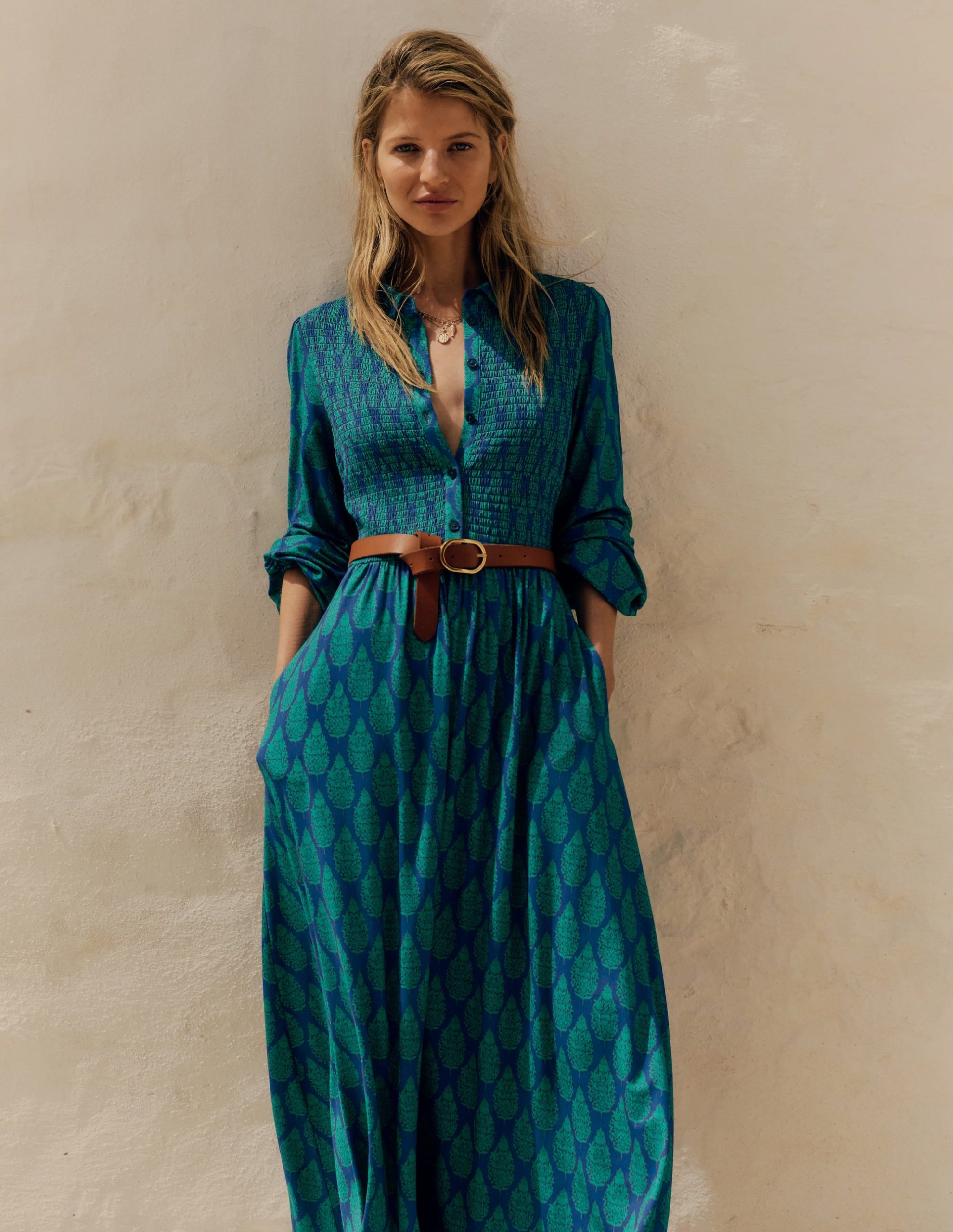 Smocked Jersey Shirt Dress-Blue. Wildflower Bouquet - Image 2