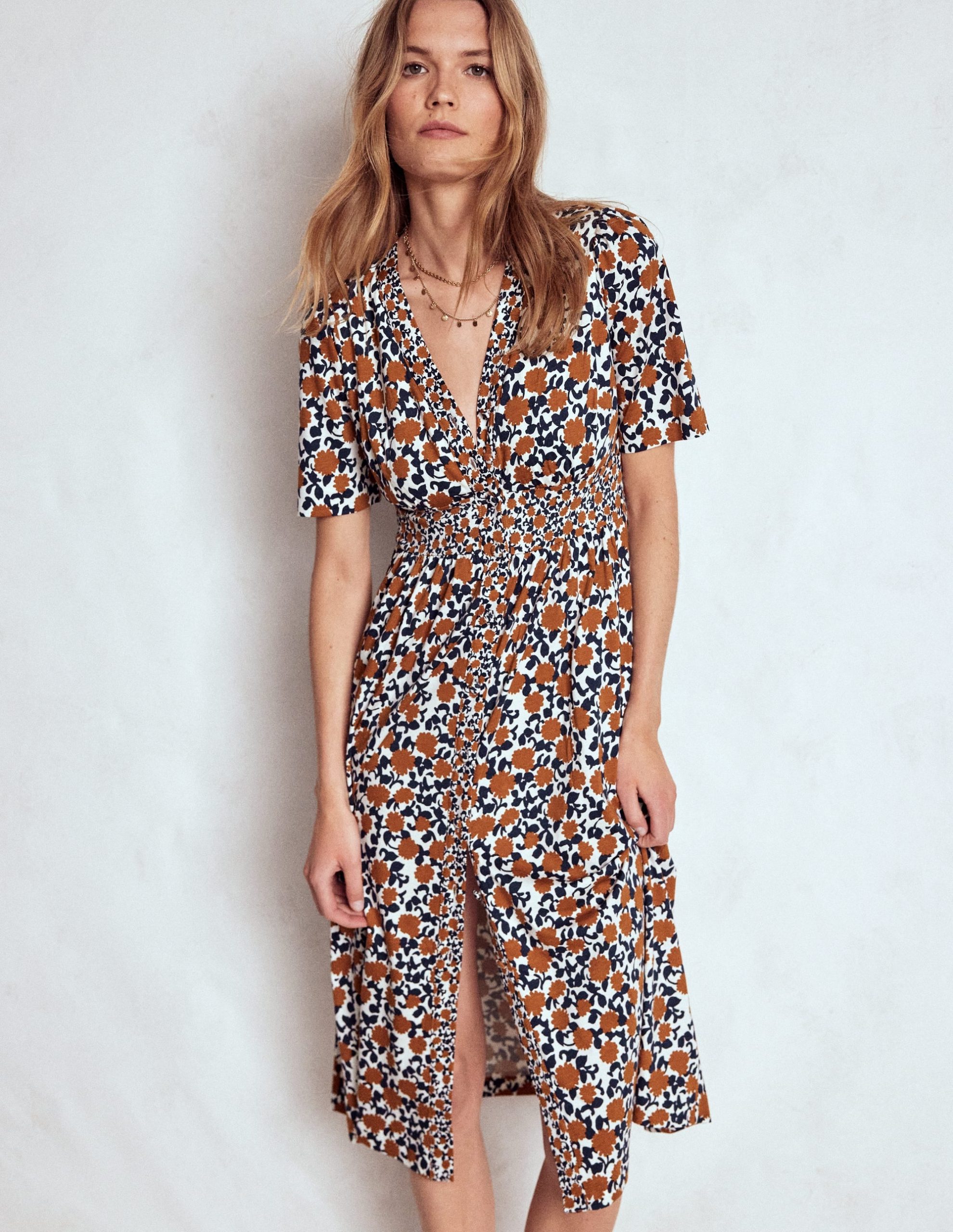 Natalia Jersey Tea Dress-Cognac. Floweret Vine