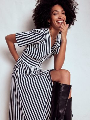 Natalia Jersey Tea Dress-French Navy. Ivory Stripe