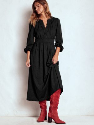 Maddie Picot Trim Midi Dress-Black