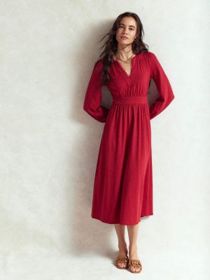 Maddie Picot Trim Midi Dress-Carmine Red