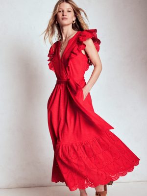 Ruffle Detail Tier Midi Dress-Poppy Red