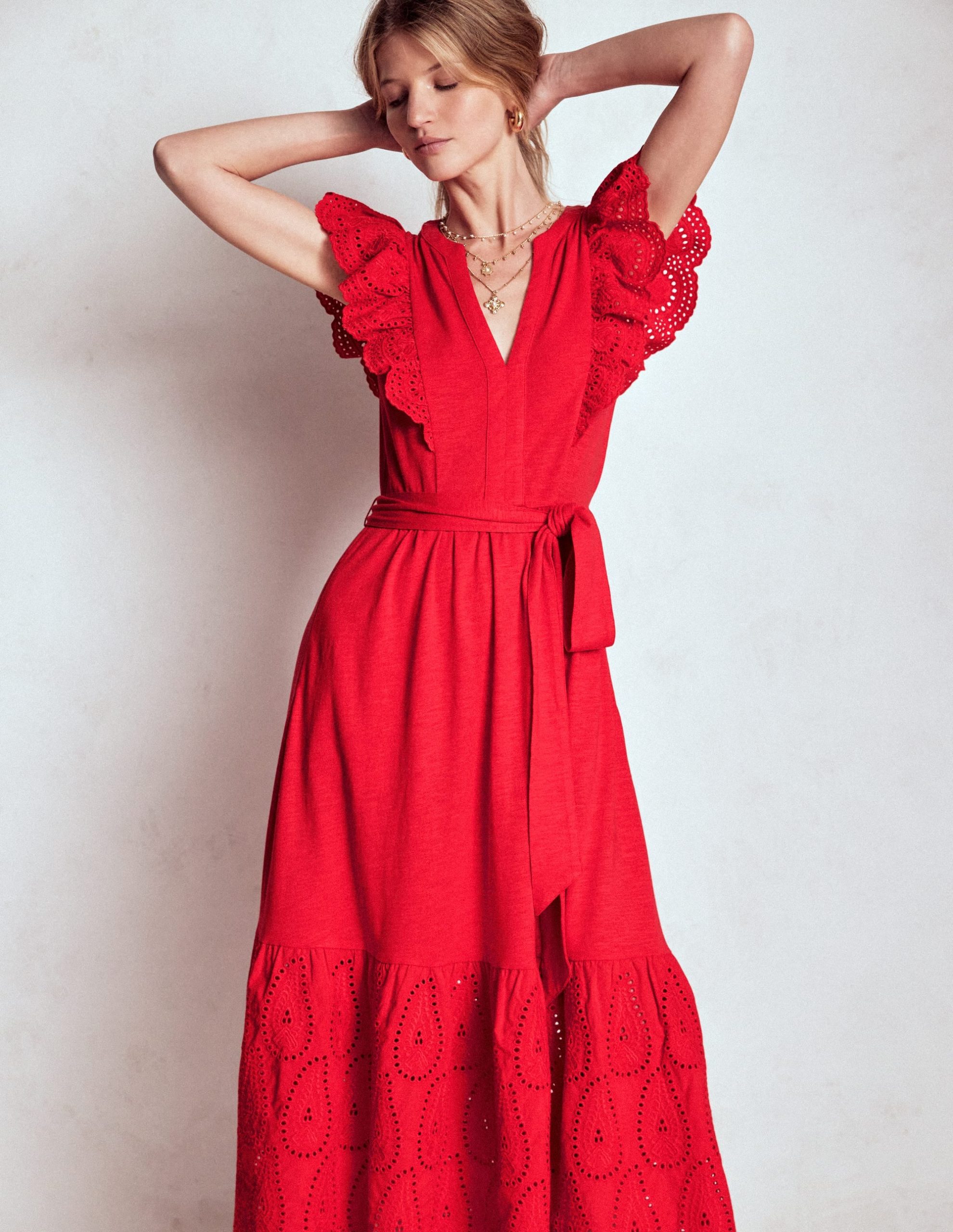 Ruffle Detail Tier Midi Dress-Poppy Red - Image 4