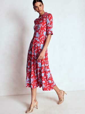 Ruffle Seamed Midi Dress-Poppy Red. Dainty Sprigs