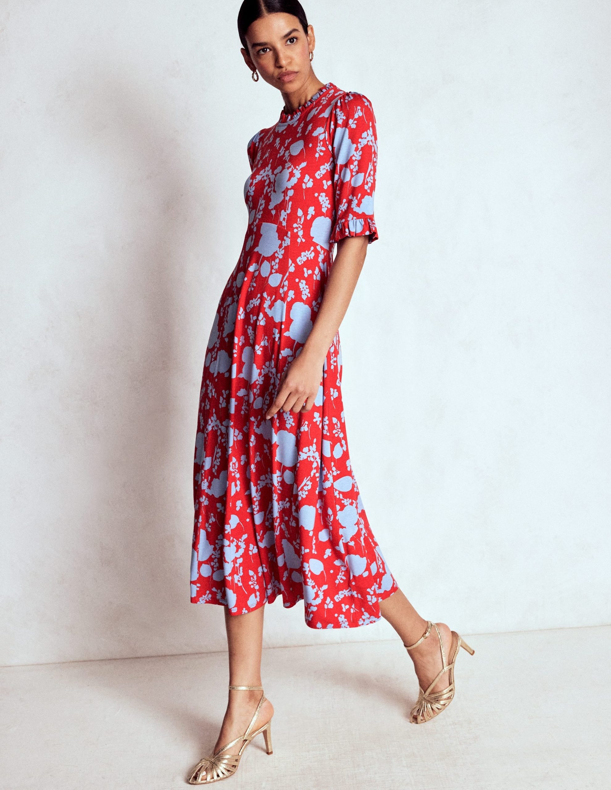 Ruffle Seamed Midi Dress-Poppy Red. Dainty Sprigs