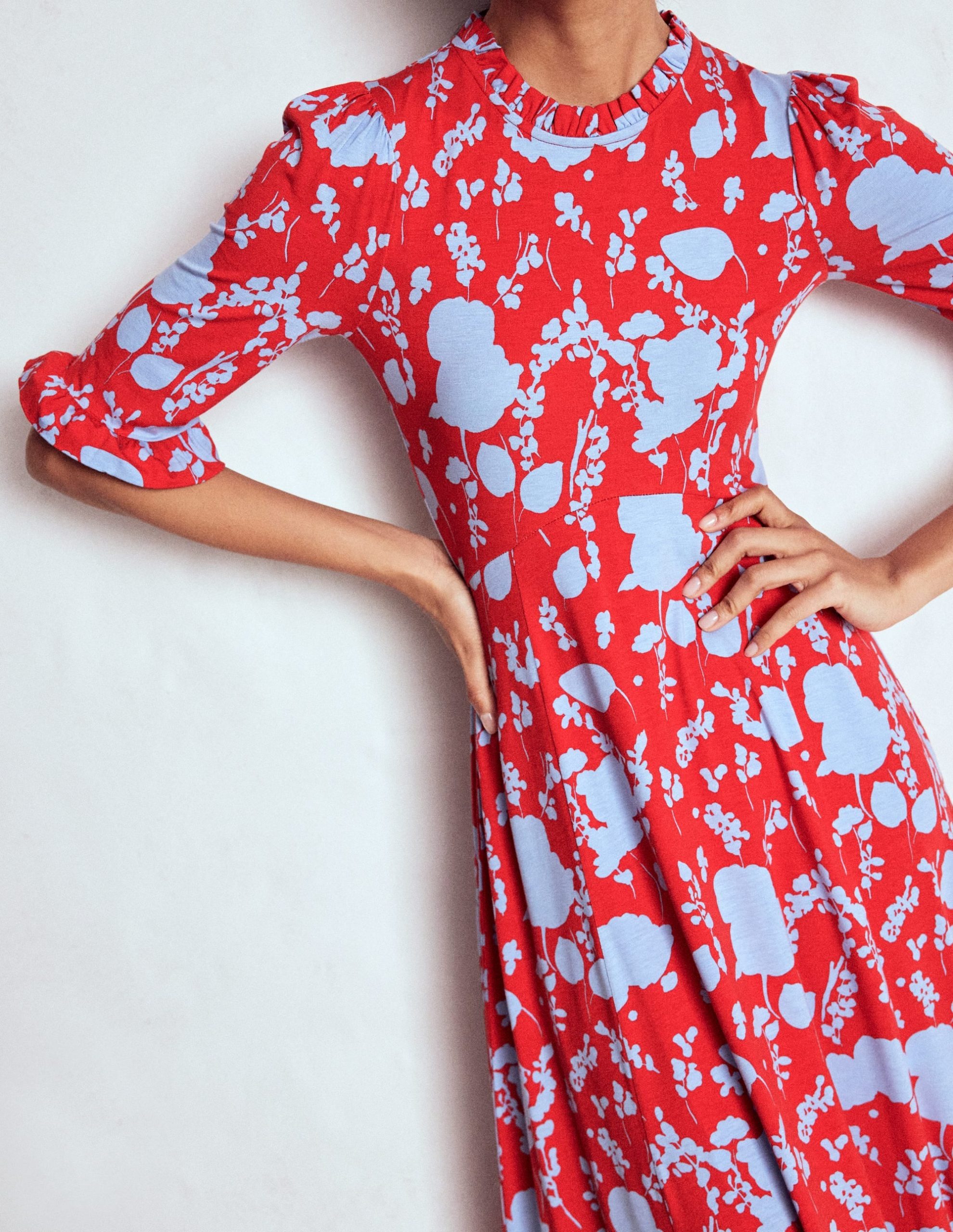 Ruffle Seamed Midi Dress-Poppy Red. Dainty Sprigs - Image 2