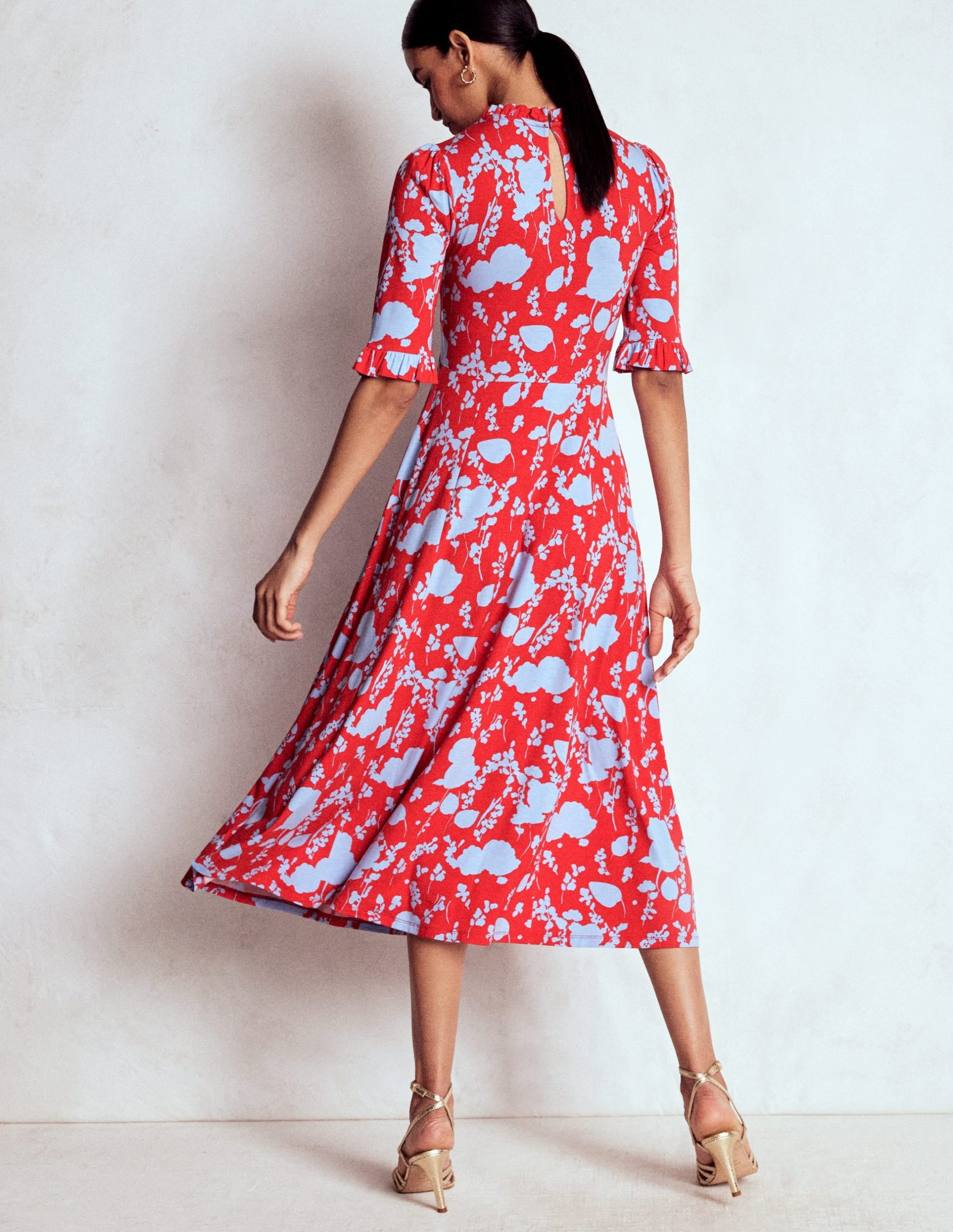 Ruffle Seamed Midi Dress-Poppy Red. Dainty Sprigs - Image 3