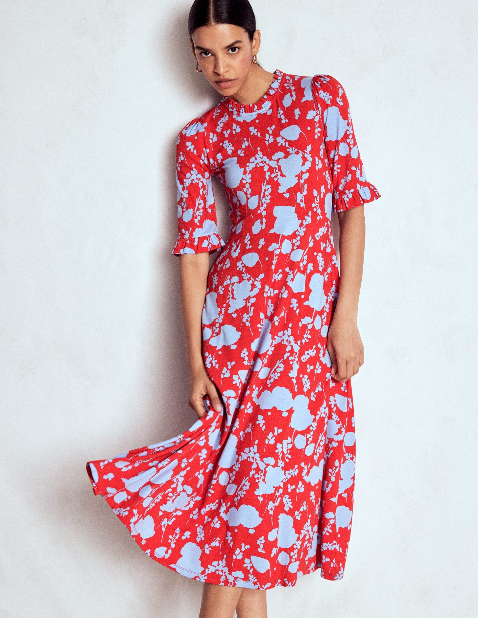 Ruffle Seamed Midi Dress-Poppy Red. Dainty Sprigs - Image 5