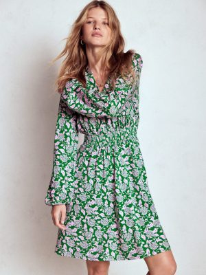 Sarah Short Jersey Dress-Rich Emerald. Ornate Vine
