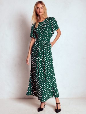 Yoke Panel Maxi Dress-Emerald Night. Painted Dot
