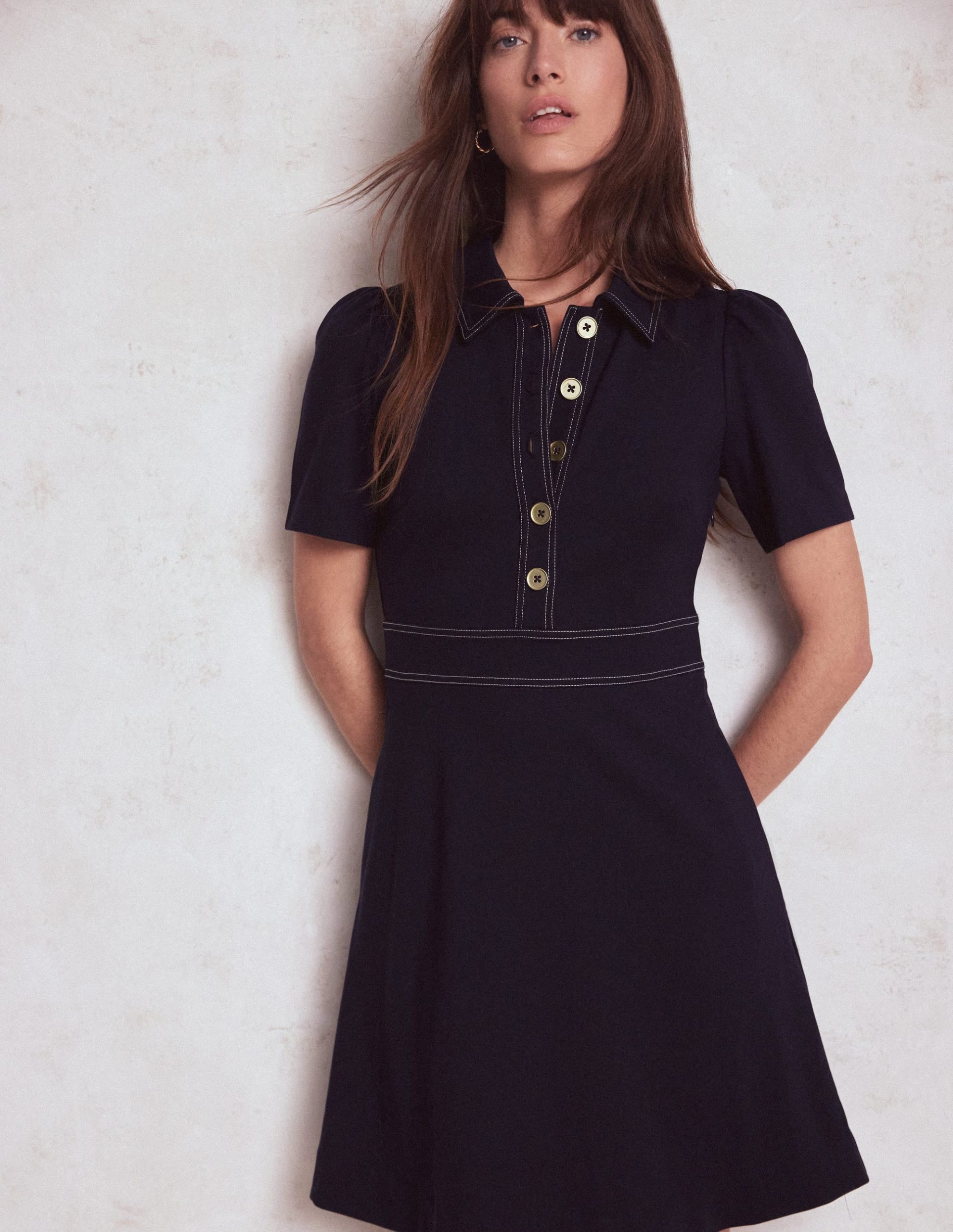 Nicolette Ponte Shirt Dress-Navy