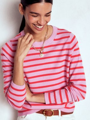 Eva Cashmere Crew Neck Jumper-Pink/ Orange Stripe