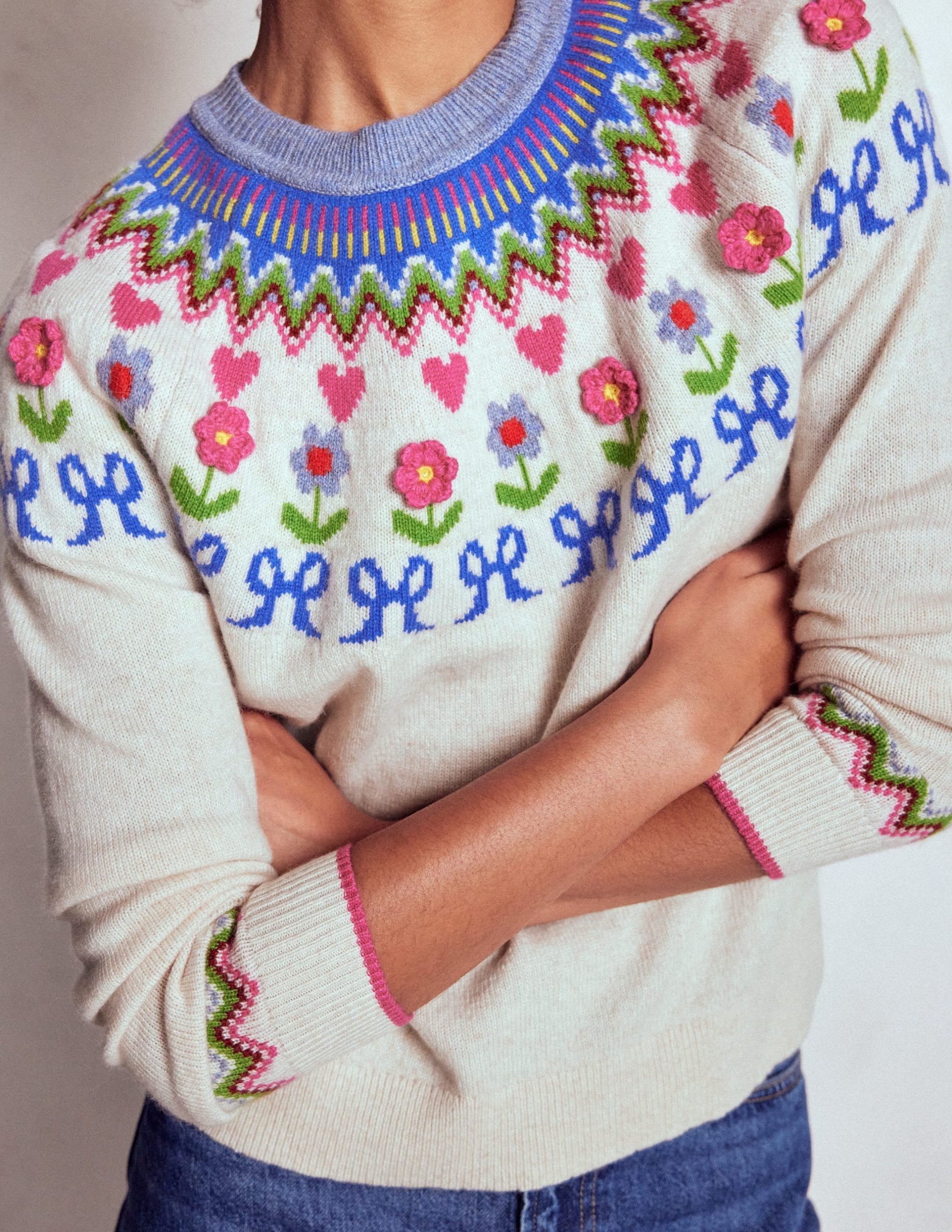 Edie Fair Isle Jumper-Oatmeal Melange. Flowers - Image 3