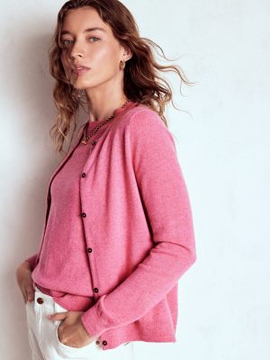 Eva Cashmere Crew Cardigan-Rose Pink Melange